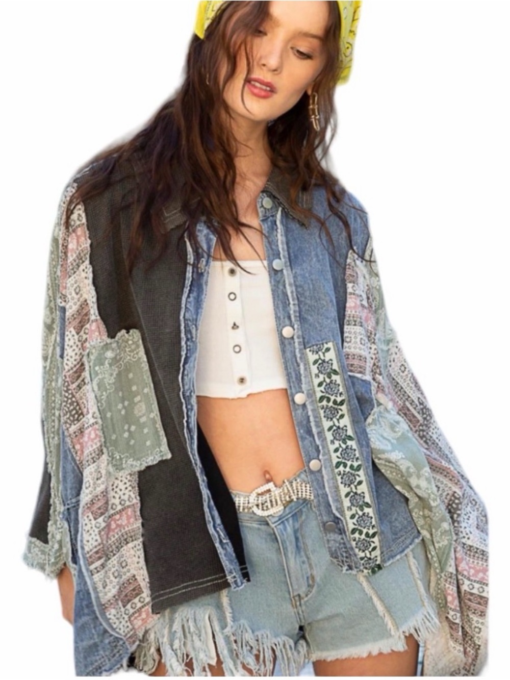 NWOT POL black denim multi patchwork oversized shacket